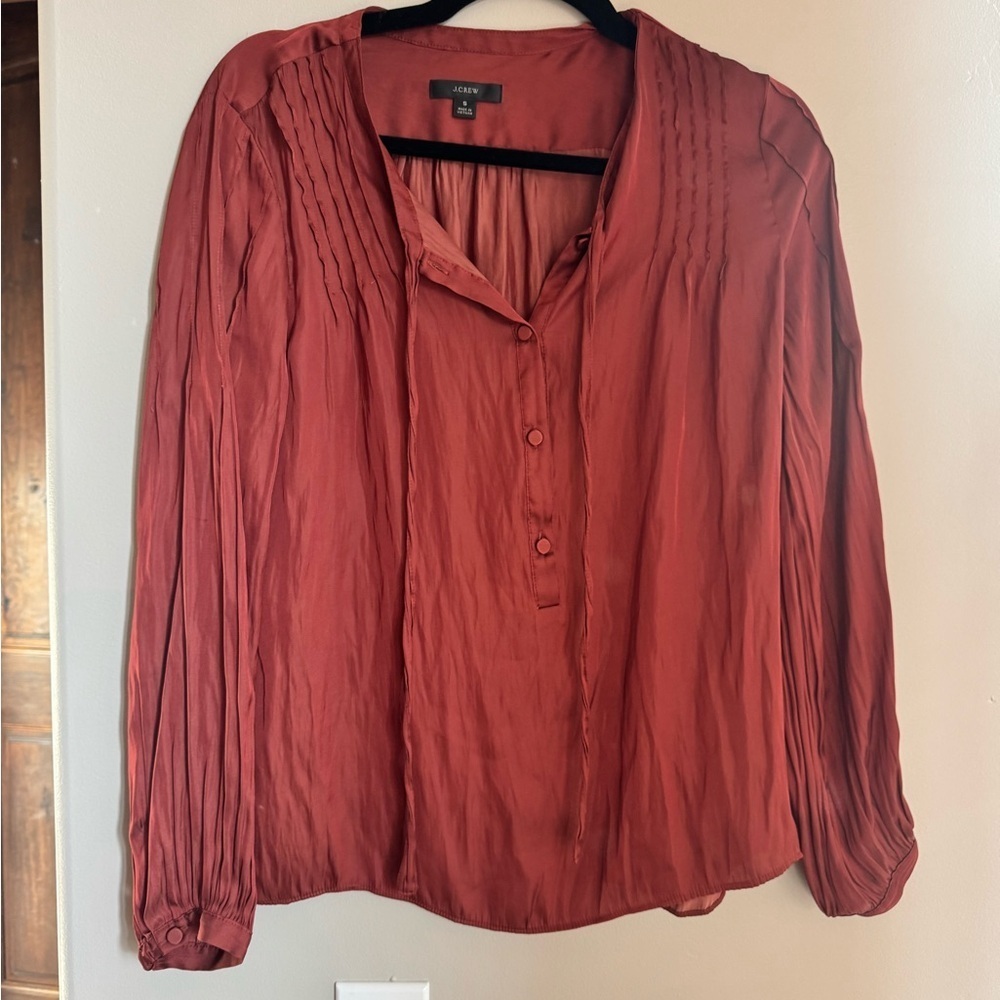 J.Crew Re-Imagined Pleated Blouse Rust Satin Button Front Quiet Luxury Top S